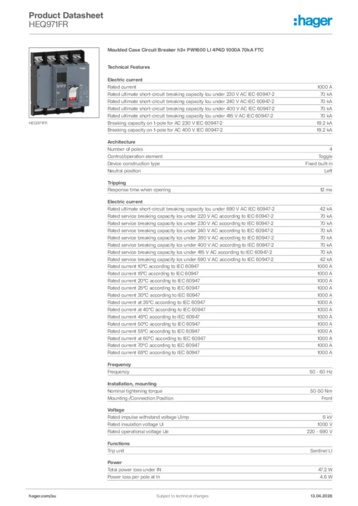 Image Hager Product data sheet HEQ971FR  | Hager Australia