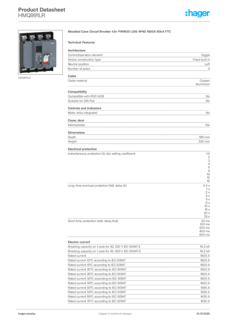Image Hager Product data sheet HMQ991LR  | Hager Australia