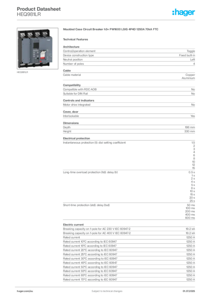 Image Hager Product data sheet HEQ981LR  | Hager Australia