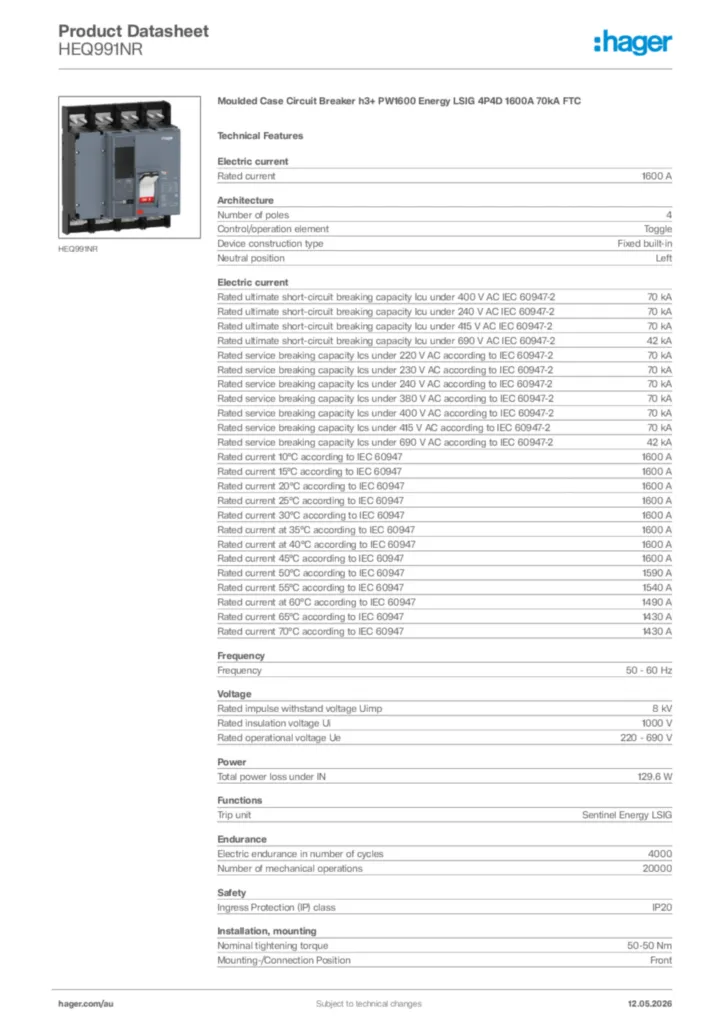 Image Hager Product data sheet HEQ991NR  | Hager Australia