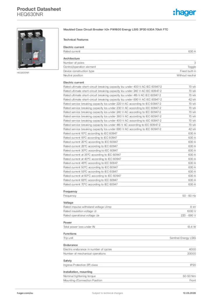 Image Hager Product data sheet HEQ630NR  | Hager Australia