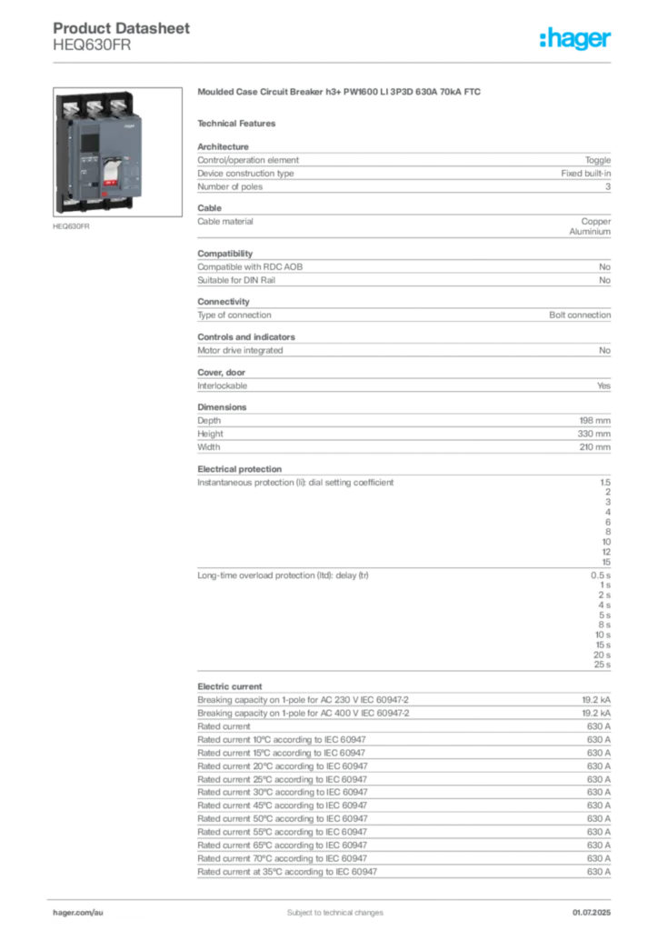 Image Hager Product data sheet HEQ630FR  | Hager Australia