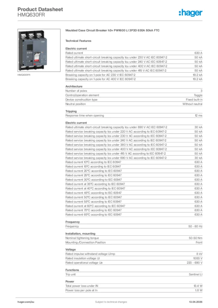 Image Hager Product data sheet HMQ630FR  | Hager Australia
