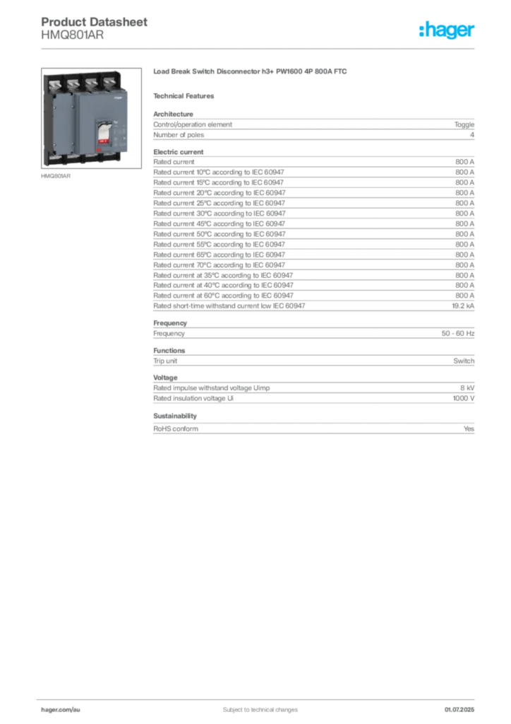 Image Hager Product data sheet HMQ801AR  | Hager Australia