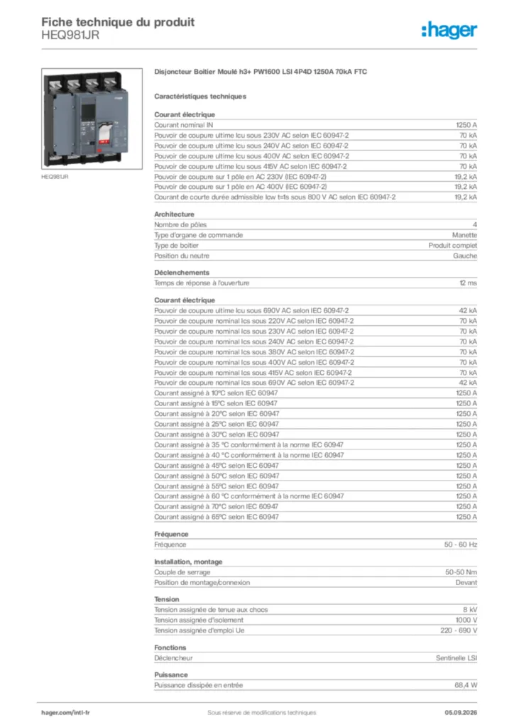 Image Hager Fiche technique du produit HEQ981JR | Hager Afrique