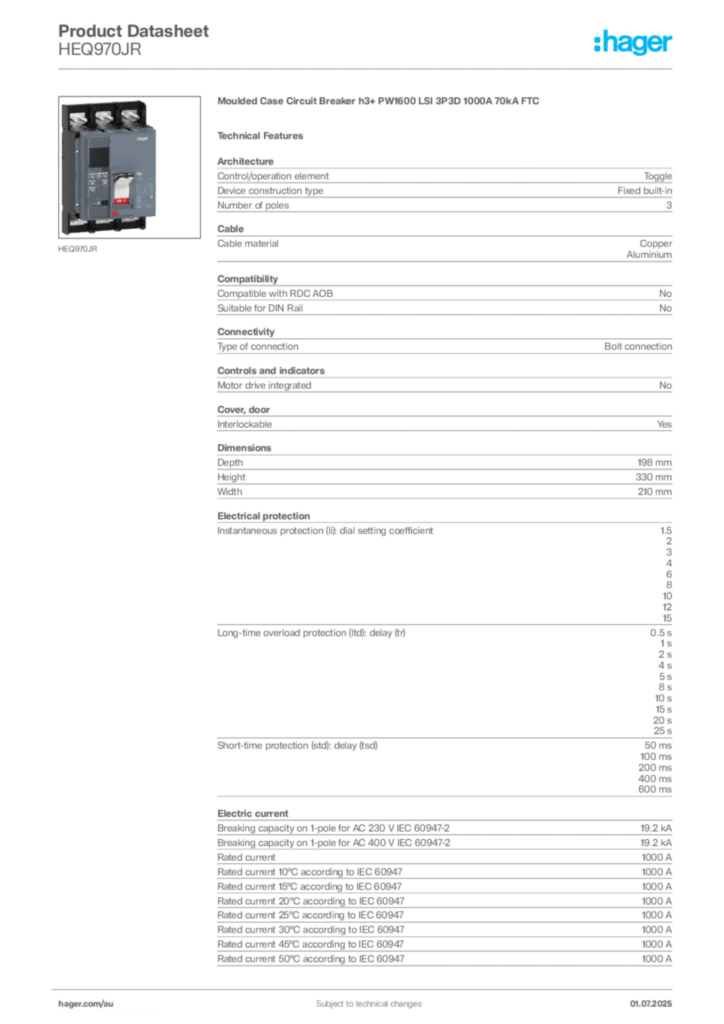 Image Hager Product data sheet HEQ970JR  | Hager Australia