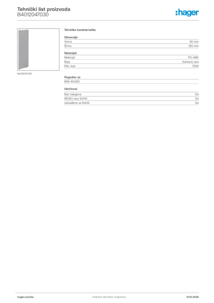 Slika Hager Tehnički list proizvoda B4012047030  | Hager