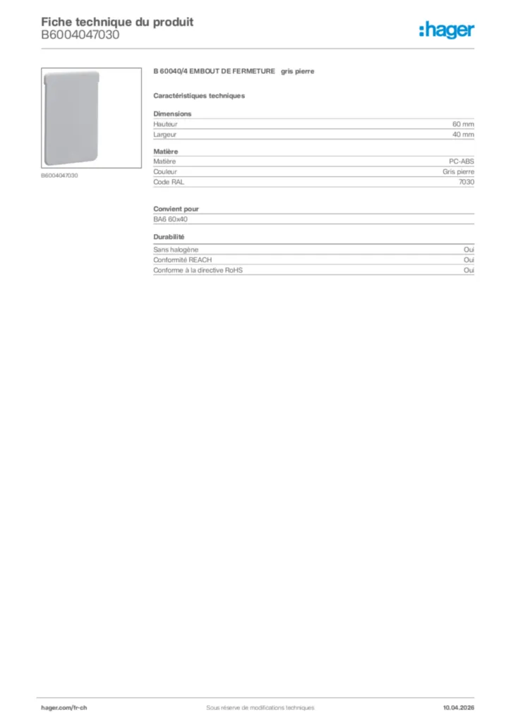 Image Hager Fiche technique du produit B6004047030 | Hager Suisse