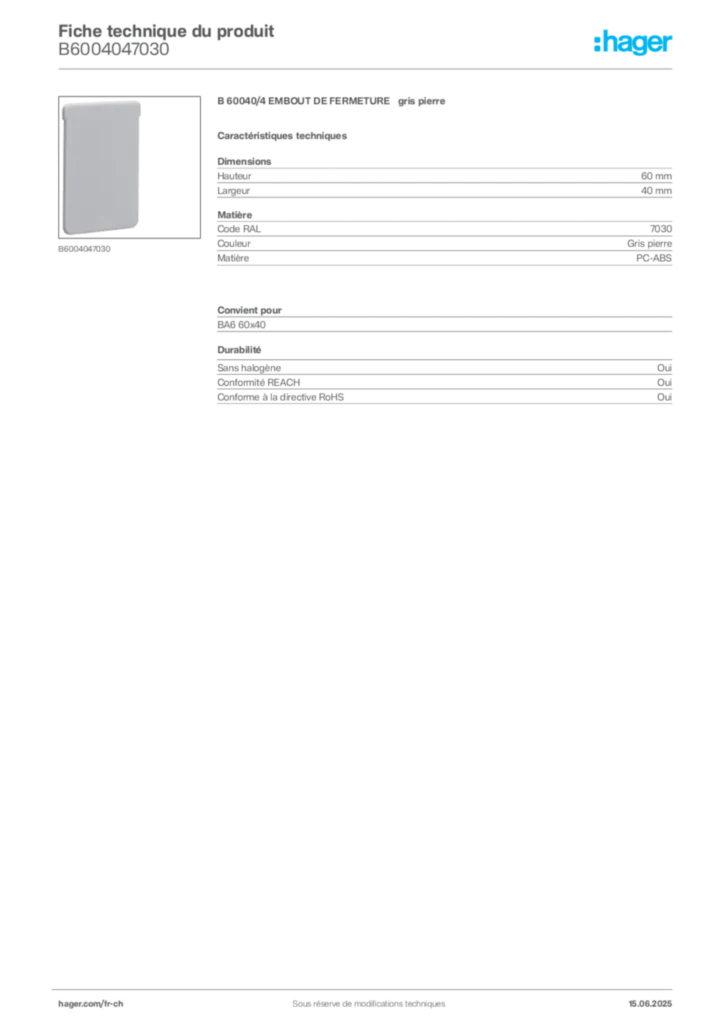 Image Hager Fiche technique du produit B6004047030 | Hager Suisse