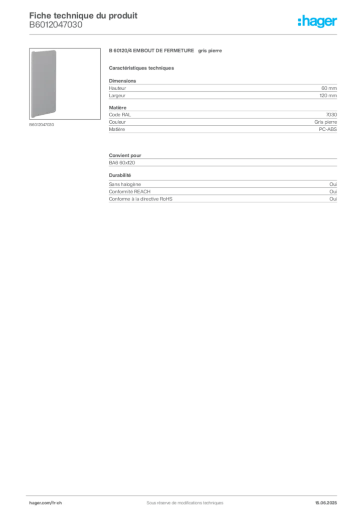 Image Hager Fiche technique du produit B6012047030 | Hager Suisse