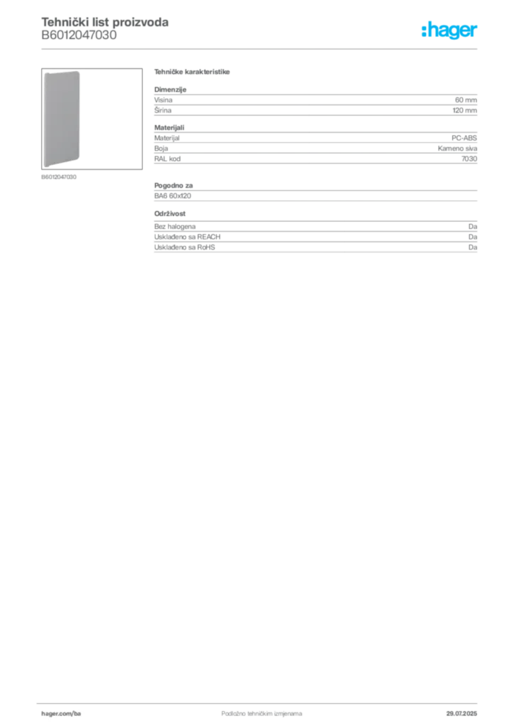 Slika Hager Product data sheet B6012047030  | Hager