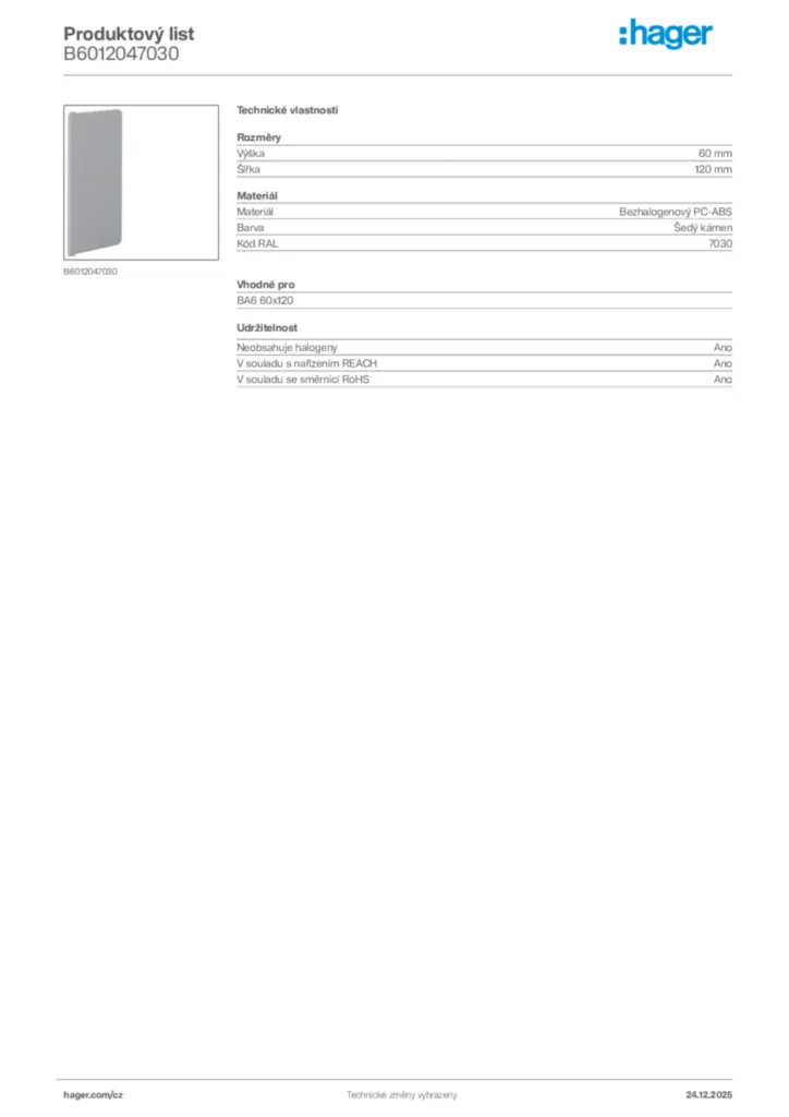 Obrázek Hager Product data sheet B6012047030 | Hager