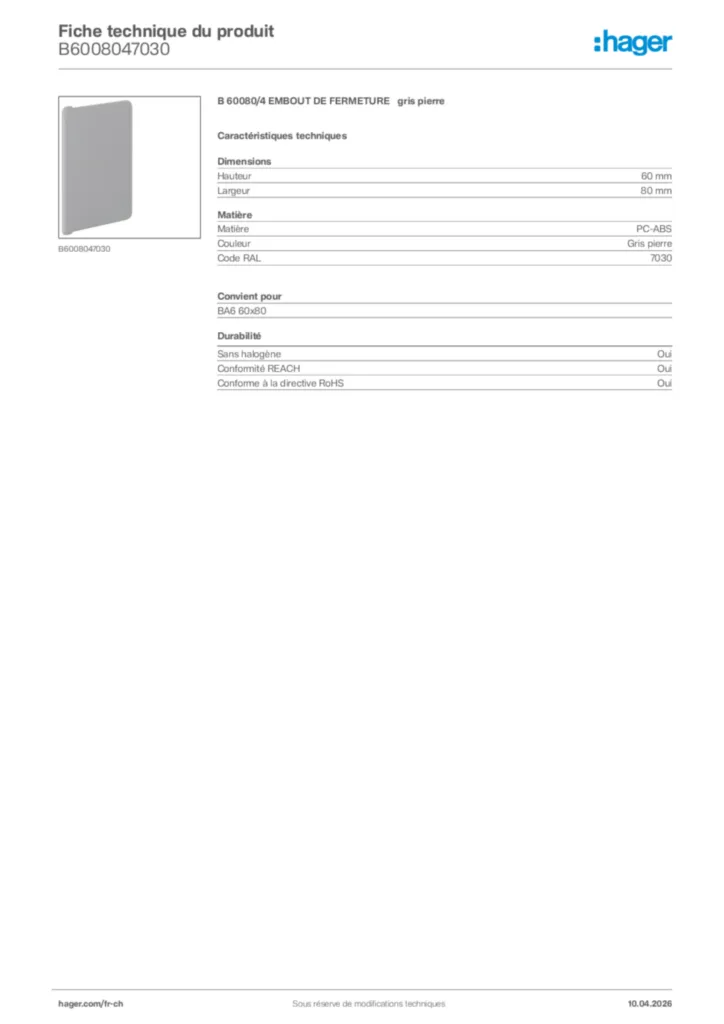 Image Hager Fiche technique du produit B6008047030 | Hager Suisse
