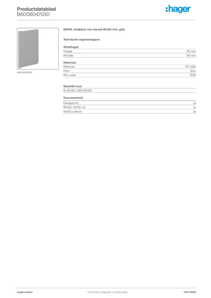 Afbeelding Hager Productdatablad B6008047030 | Hager Nederland