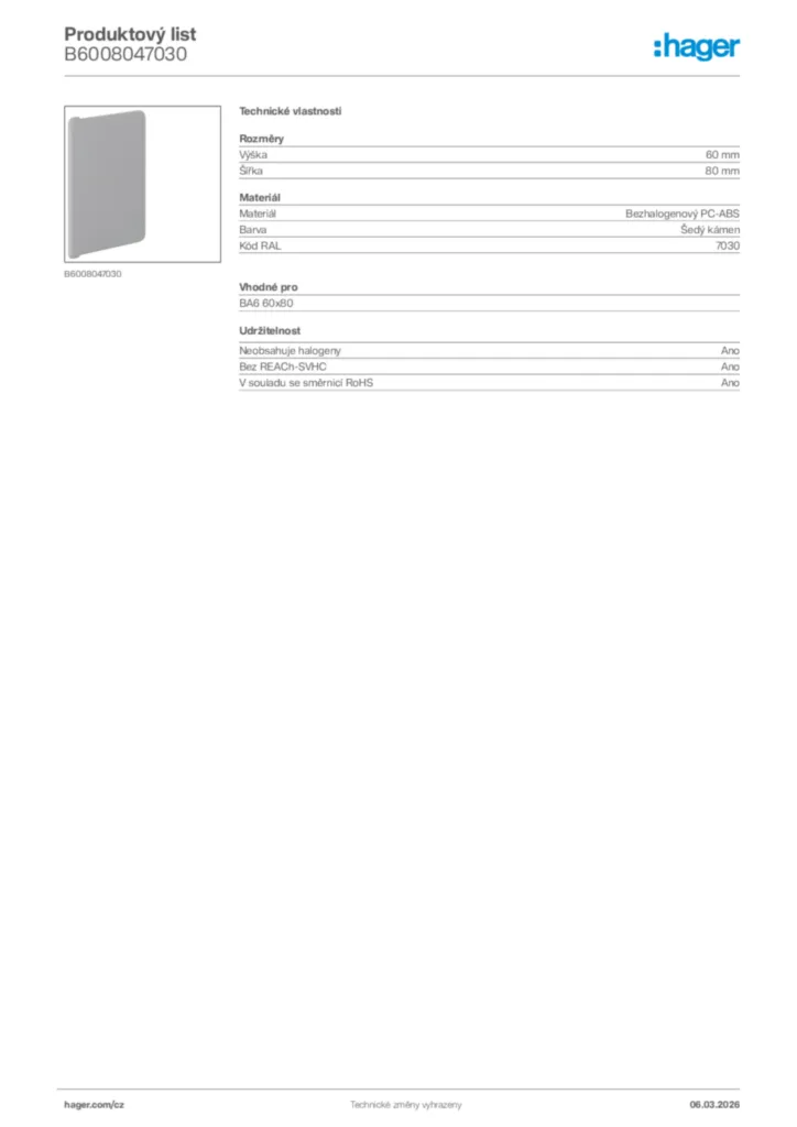 Obrázek Hager Product data sheet B6008047030 | Hager
