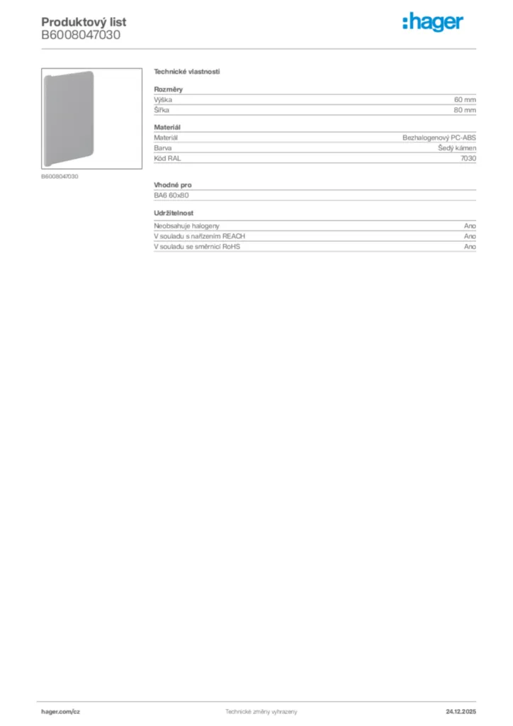 Obrázek Hager Product data sheet B6008047030 | Hager