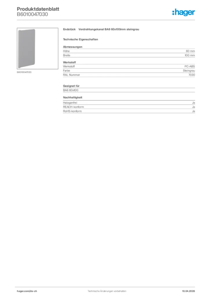 Bild Hager Produktdatenblatt B6010047030 | Hager Schweiz