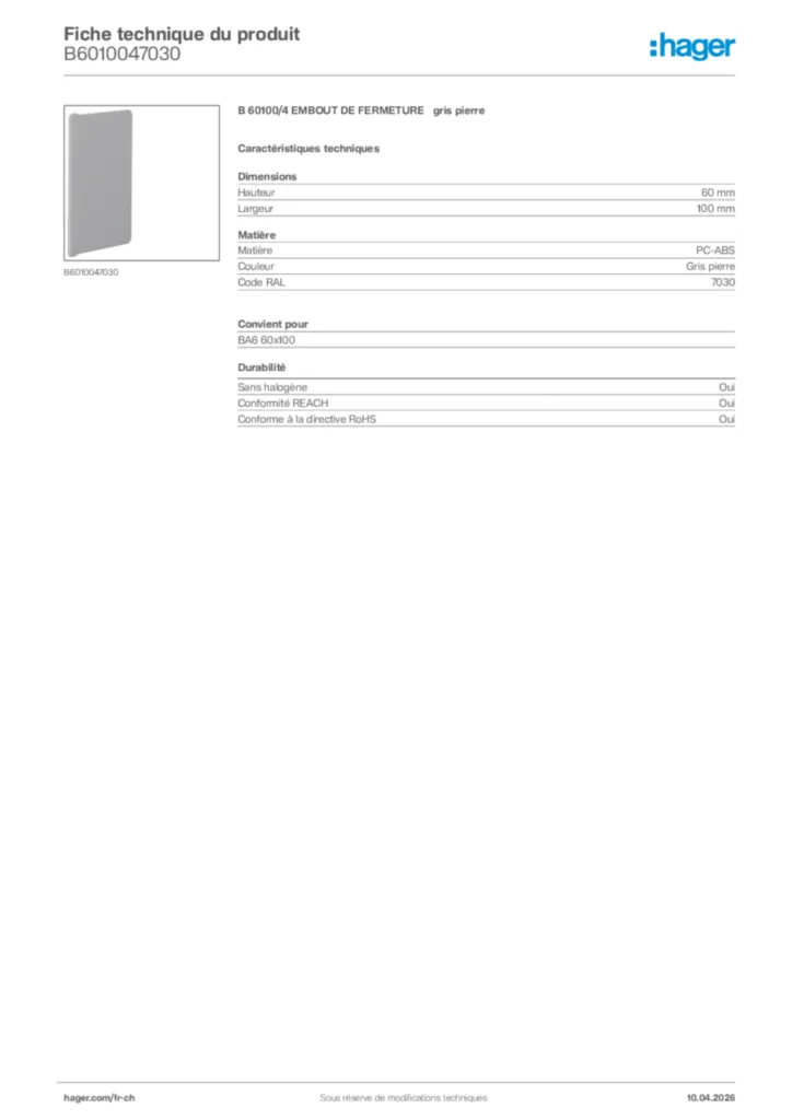 Image Hager Fiche technique du produit B6010047030 | Hager Suisse
