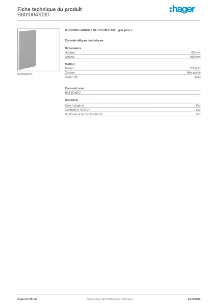 Image Hager Fiche technique du produit B6010047030 | Hager Suisse