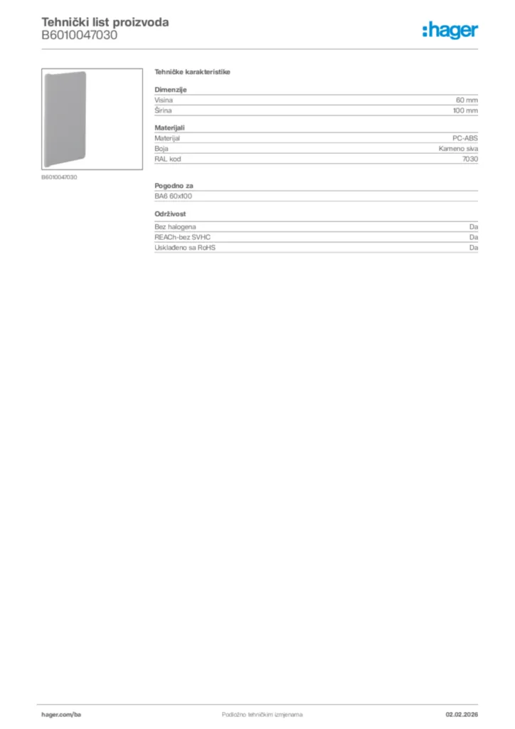 Slika Hager Tehnički list proizvoda B6010047030  | Hager