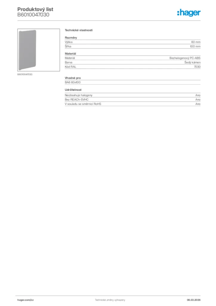 Obrázek Hager Product data sheet B6010047030 | Hager