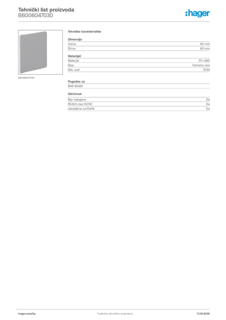 Slika Hager Tehnički list proizvoda B6006047030  | Hager