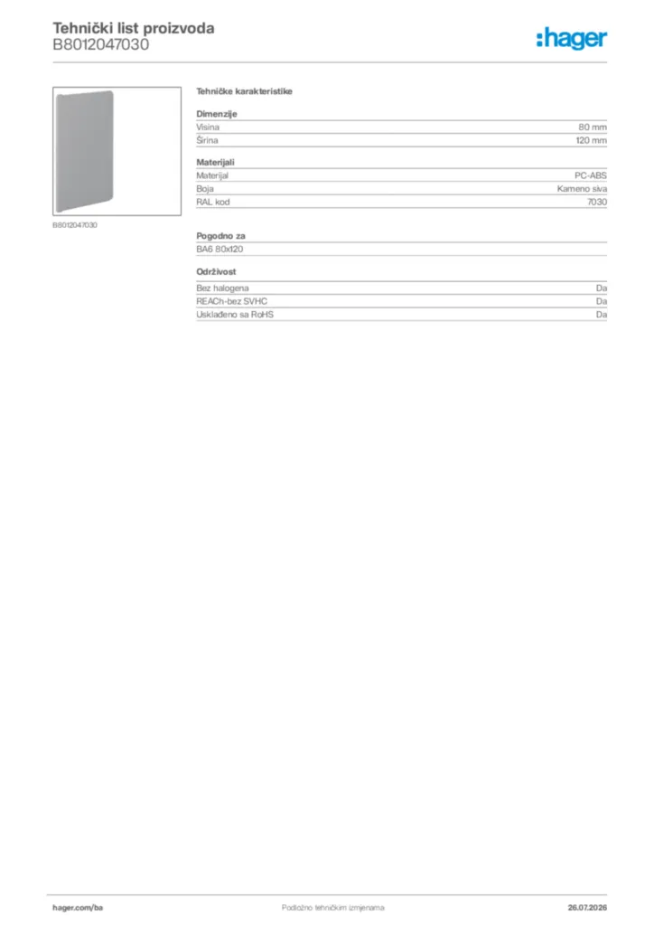 Slika Hager Tehnički list proizvoda B8012047030  | Hager