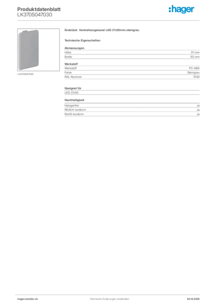 Bild Hager Produktdatenblatt LK3705047030 | Hager Schweiz