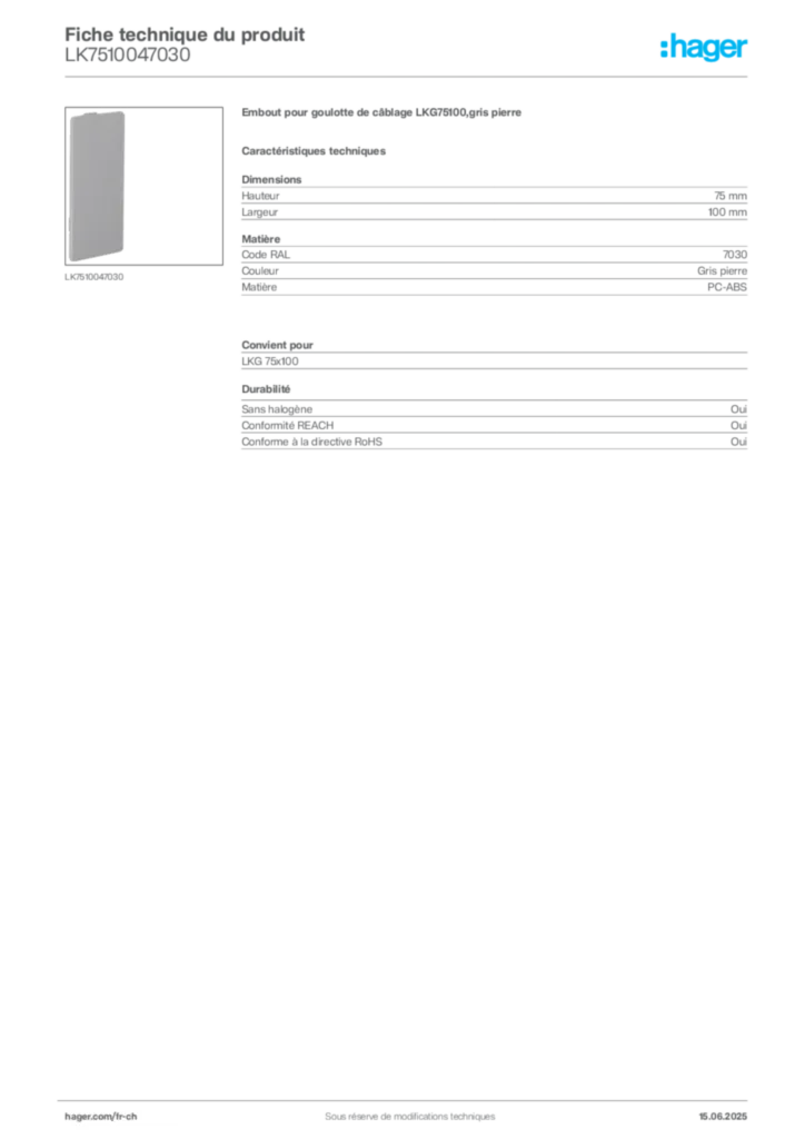 Image Hager Fiche technique du produit LK7510047030 | Hager Suisse