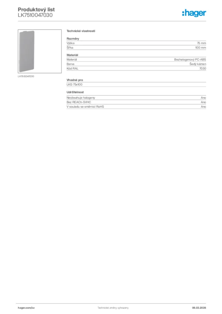 Obrázek Hager Product data sheet LK7510047030 | Hager