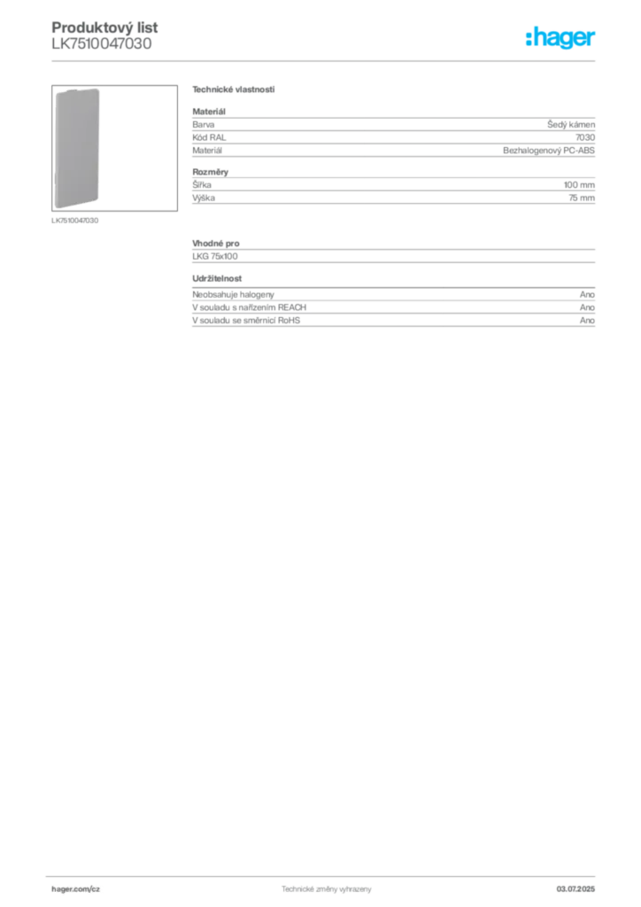Obrázek Hager Product data sheet LK7510047030 | Hager