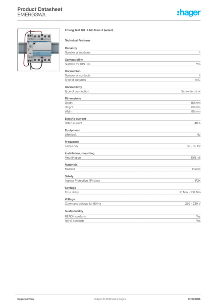 Image Hager Product data sheet EMERG3WA  | Hager Australia