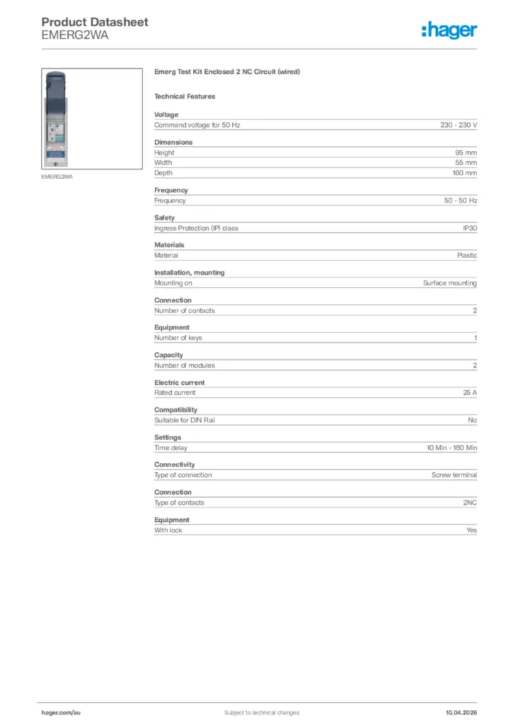 Image Hager Product data sheet EMERG2WA  | Hager Australia