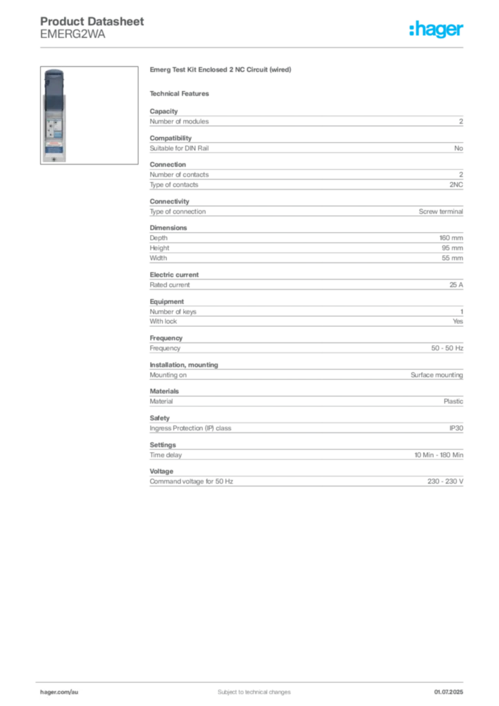 Image Hager Product data sheet EMERG2WA  | Hager Australia