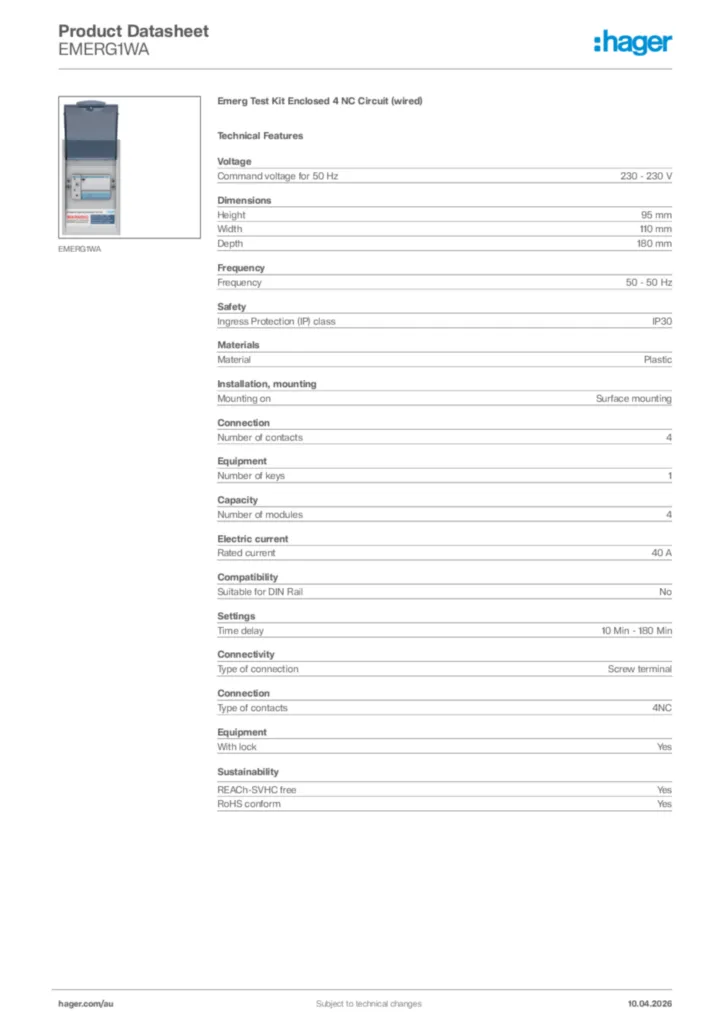 Image Hager Product data sheet EMERG1WA  | Hager Australia