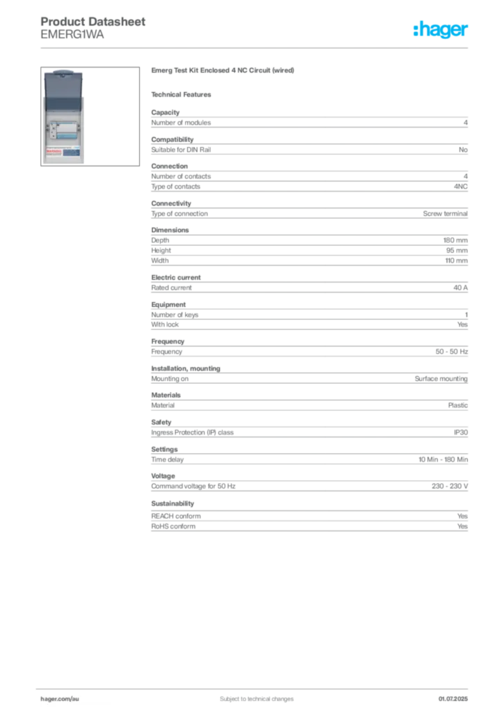 Image Hager Product data sheet EMERG1WA  | Hager Australia