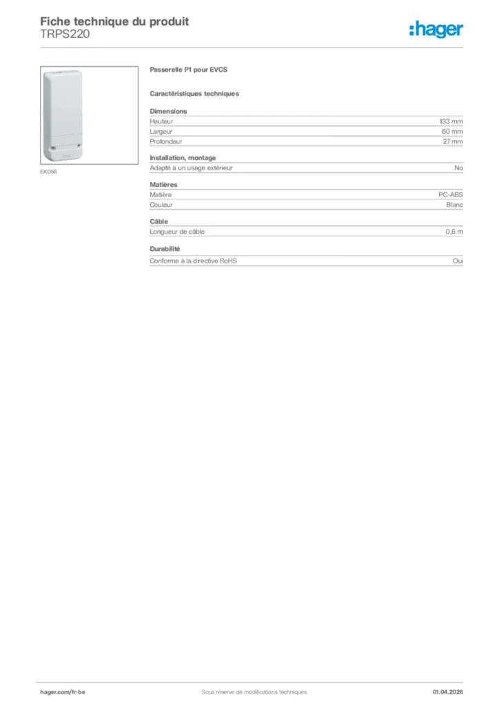 Image Hager Fiche technique du produit TRPS220 | Hager Belgique