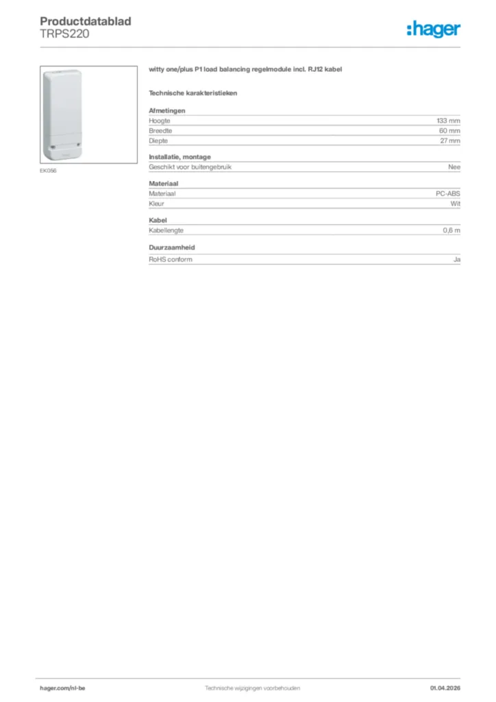 Afbeelding Hager Productdatablad TRPS220 | Hager Belgium