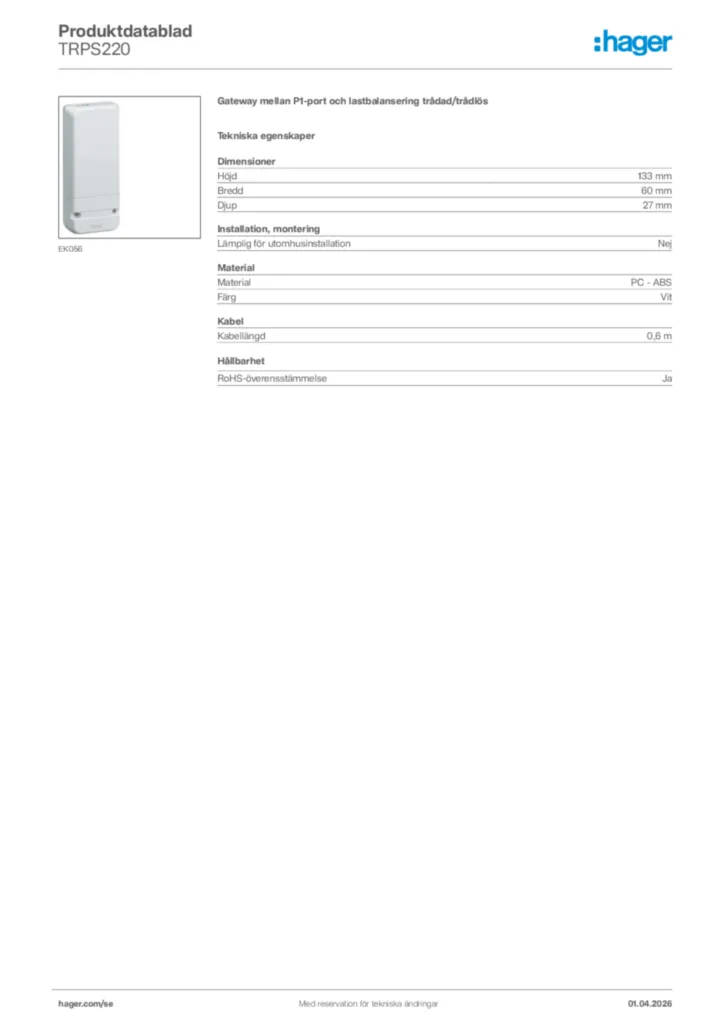 Bild Hager Produktdatablad TRPS220 | Hager Sverige