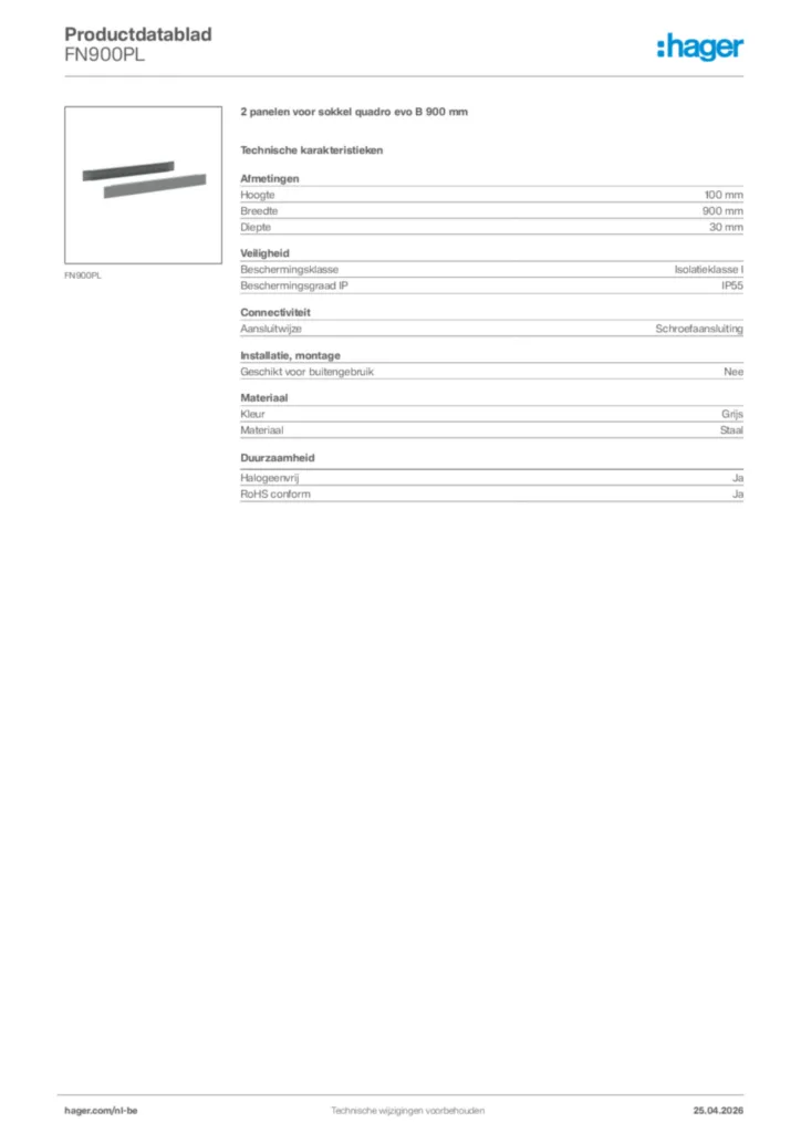 Afbeelding Hager Productdatablad FN900PL | Hager Belgium