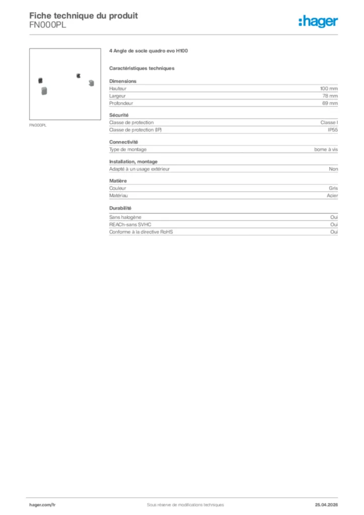 Image Hager Fiche technique du produit FN000PL | Hager France
