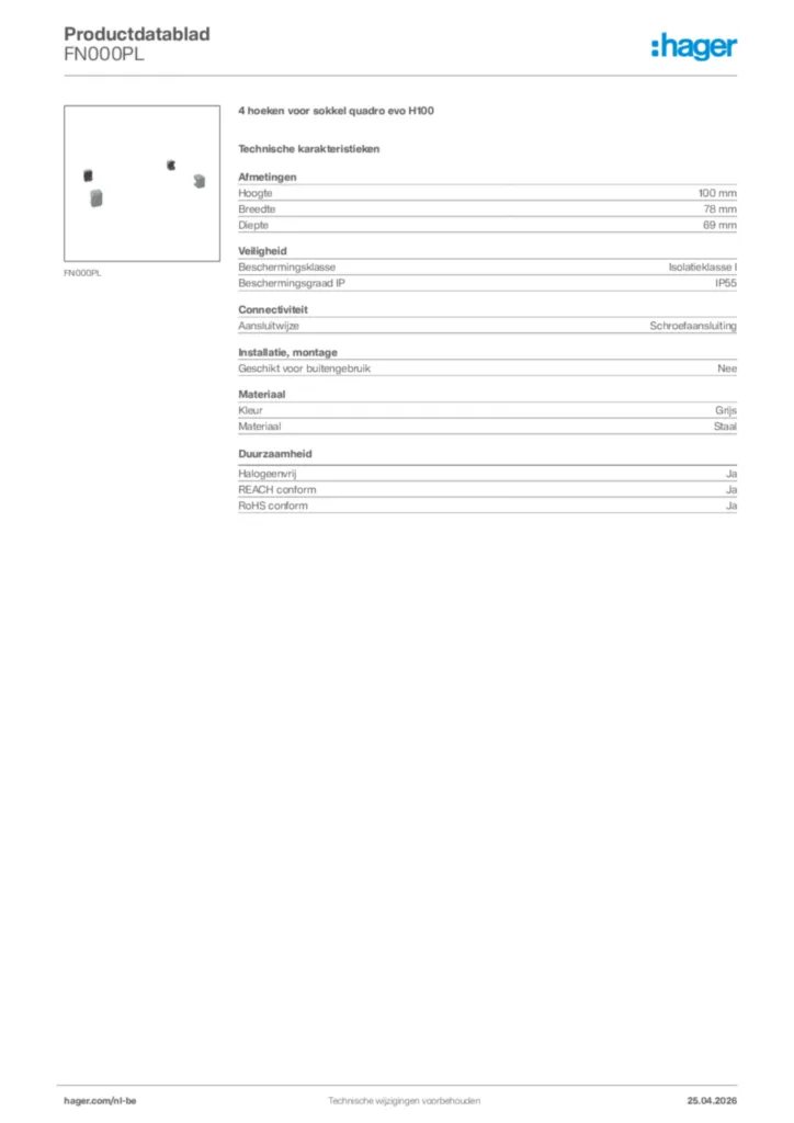 Afbeelding Hager Productdatablad FN000PL | Hager Belgium
