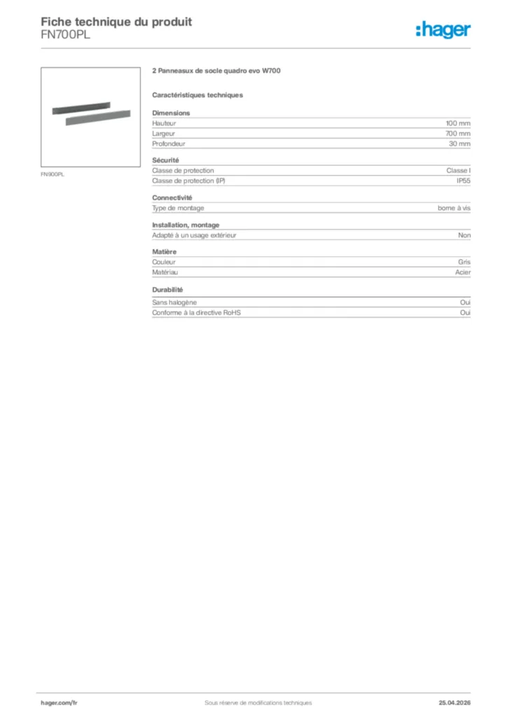 Image Hager Fiche technique du produit FN700PL | Hager France
