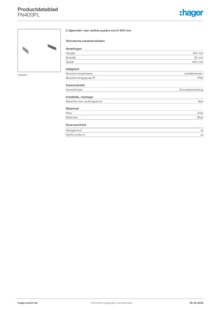 Afbeelding Hager Productdatablad FN400PL | Hager Belgium