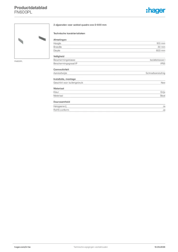 Afbeelding Hager Productdatablad FN600PL | Hager Belgium