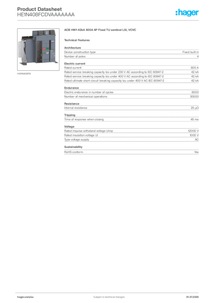 Image Hager Product data sheet HE1N408FCDVAAAAAAA  | Hager Australia
