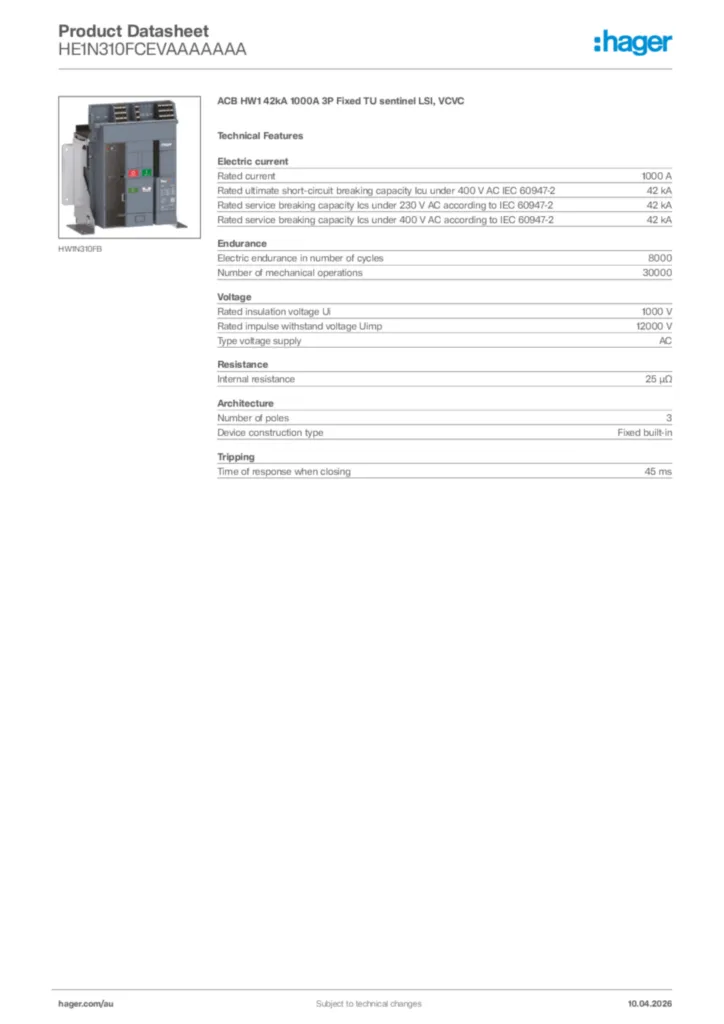Image Hager Product data sheet HE1N310FCEVAAAAAAA  | Hager Australia