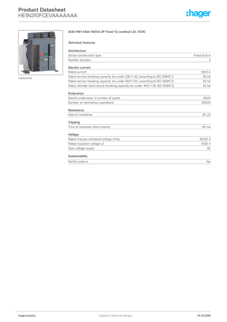 Image Hager Product data sheet HE1N310FCEVAAAAAAA  | Hager Australia