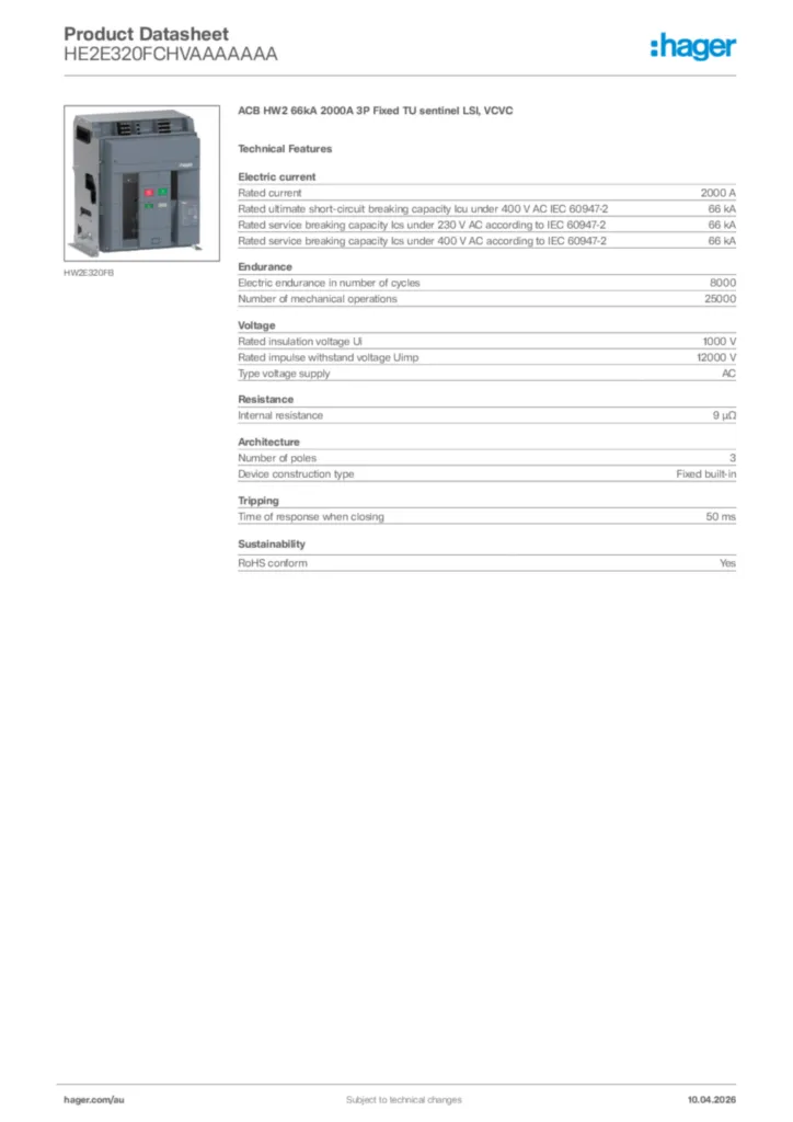 Image Hager Product data sheet HE2E320FCHVAAAAAAA  | Hager Australia