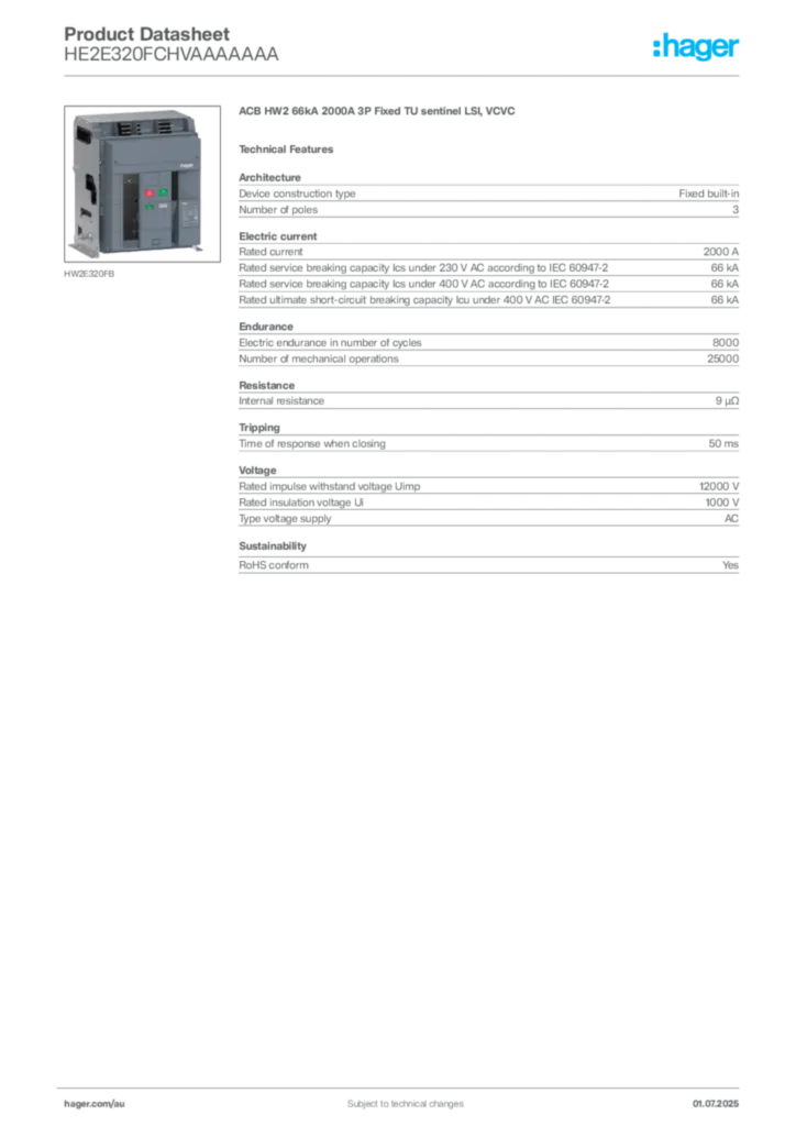 Image Hager Product data sheet HE2E320FCHVAAAAAAA  | Hager Australia